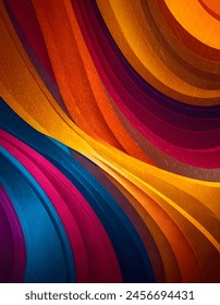 Organic lines superimposed with colored paper texture folded in origami with noisy texture and warm colors background in magenta, orange, yellow, dark electric blue, electric blue, fuchsia and gold Ilustração Stock