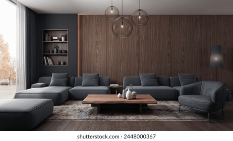 Living room designed in Japandi style a combination of Scandinavian and Japanese design. The navy blue color of the sofa blend in a subdued way with the intensive wood of the floor and wall. 3D render Arkistokuvituskuva