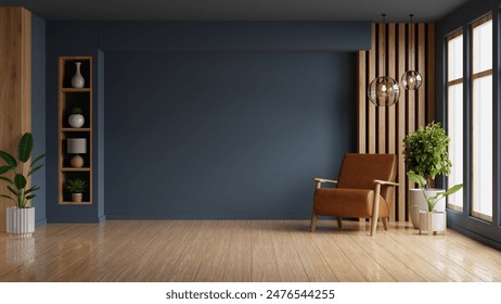 木のフローリングとダークブルーの壁に革の肘掛け椅子とリビングルーム - 3Dレンダリングのイラスト素材