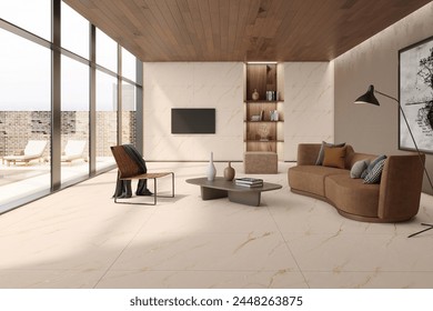 Luxuriöses modernes Wohnzimmer-Eckinterieur mit beiger Marmorwand, Couchtisch aus Holz, Bücherregal und Kerze, Marmorboden. 3D-Visualisierung des Innenraums. 3D-Darstellung – Stockillustration