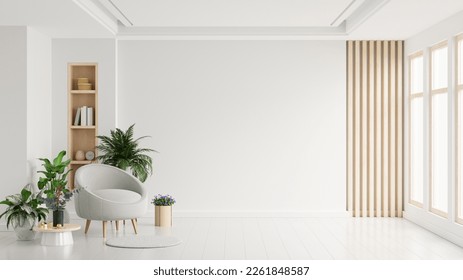 Modern minimalist interior with an armchair on empty white color wall background.3d rendering Stock-illustration
