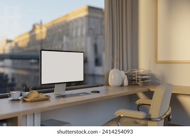 A modern office workspace in the building or apartment with a white-screen computer mockup and accessories on a table against the large glass window with a city view. 3d render, 3d illustration Ilustração Stock