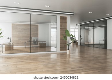 モダンなオフィスインテリアには、廊下、ガラスの仕切り、木製の壁、家具、窓からの都市の景色、ワークスペースのコンセプトがあります。3Dレンダリングのイラスト素材