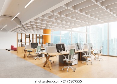 白い壁と自然光を備えたモダンなオープンオフィススペース、ワークスペースの生産性のコンセプト。 3Dレンダリングのイラスト素材