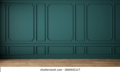 Modern classic green empty interior with wall panels and wooden floor. 3d render illustration mock up. Stock Illustration