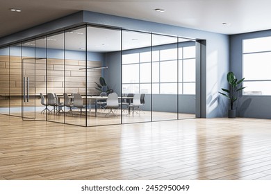 Modern conference room with a large table, chairs, and big windows, set in a bright light, wood and glass materials, empty business setting. 3D Rendering Arkistokuvituskuva