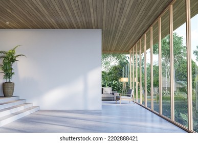 Modern contemporary empty hall with nature view 3d render overlooking the living room behind the room has concrete floors, plank ceilings and blank white walls for copy space, sunlight enter the room. Stock-illustration