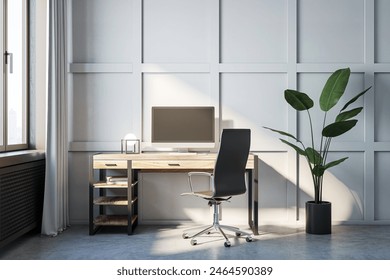 Modern home office interior with a computer on the desk, a plant, and a simple geometric background. 3D Rendering Arkistokuvituskuva