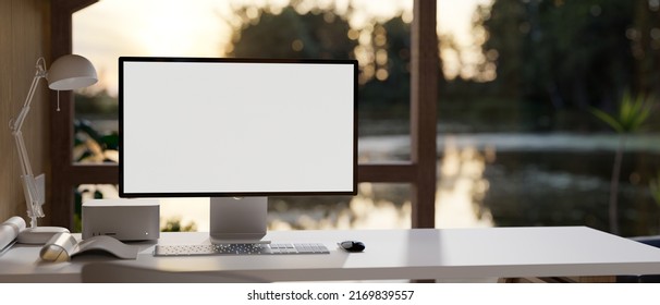 Modern home workplace interior design with PC computer desktop mockup for display your graphic and accessories on table over blurred beautiful nature lake in background. 3d rendering, 3d illustration Stockillustration