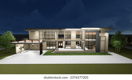 Conception de maison moderne élévation minimale, rendu 3d vue avant : illustration de stock