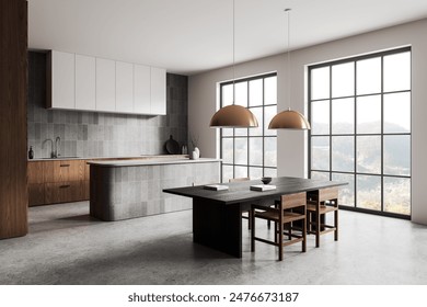 Modern kitchen and dining area with large windows, concrete flooring, and minimalist design, furniture and decor. Interior design concept. 3D Rendering ภาพประกอบสต็อก