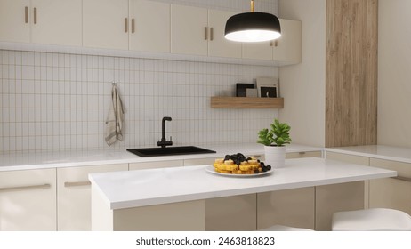 Modern, luxury kitchen with ivory cream built in cabinet, cupboard, kitchen island and white tile splashback in sunlight for interior design, product background 3D ภาพประกอบสต็อก