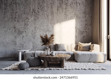 Modern loft living room and concrete wall texture background interior design. 3D rendering  ภาพประกอบสต็อก