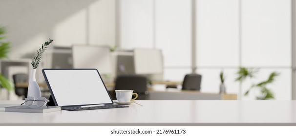 Modern workspace tabletop with digital tablet white screen mockup, wireless keyboard, accessories and copy space over blurred modern office background. 3d rendering, 3d illustration Stockillustration