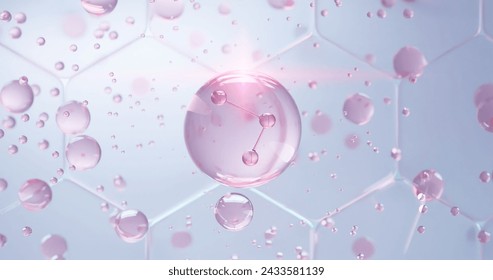 Molecule inside Transparent liquid bubble.Cosmetic Essence, Hyaluronic acid skin solutions advertising, 3d illustration Stockillusztráció