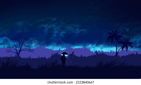 山の光の効果デジタルアート、タイプの絵画、3Dイラスト、高精細、壁紙に夜間に傘をキャッチして男は一人で立っているのイラスト素材