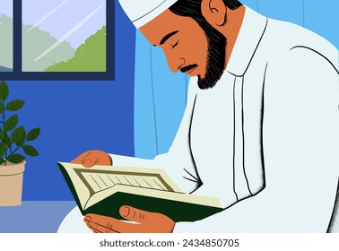 ラマダンの間にコーランの朗読に従事する伝統的な衣装を着た男。スピリチュアリティ，献身， イスラム文化，宗教実践，内省のイラスト素材