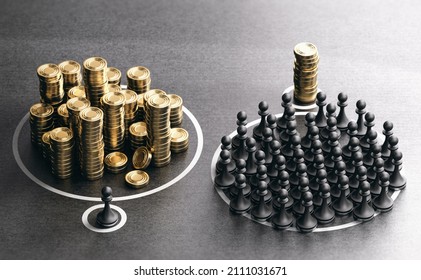 Many pawns and symbolic golden coins over black background. Concept of economic inequality and rich vs poor people. 3D illustration. 库存插图