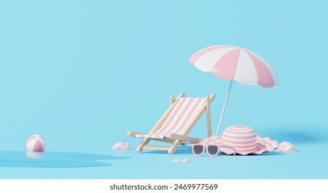 Minimal Summer scene with beach chair, hat and umbrella on blue background with ocean. 3D render. Ilustração Stock