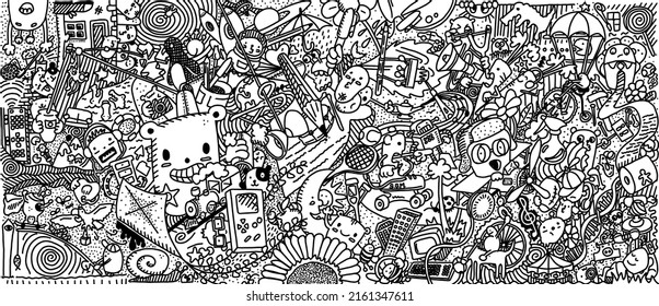 Miscellaneous scene with random drawings, like animals, people, videogames, nature, planes and transport, foods and space stuff, etc. Stockillustration