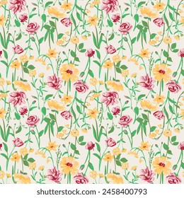 멀티 컬러 꽃 패턴, 원활한 패턴 노란색 배경.꽃 패턴. 에디토리얼 스톡 일러스트