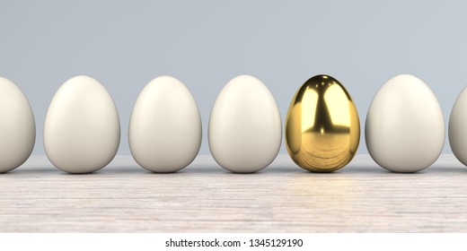 Natural eggs with golden egg on the wooden background. 3d illustration.: ilustracja stockowa