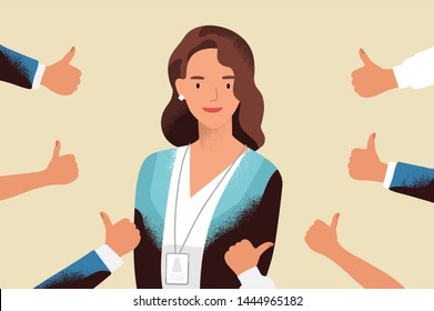 Smiling happy young woman surrounded by hands with thumbs up. Concept of public approval, acknowledgment, recognition, acceptance and appreciation. Colorful illustration in flat cartoon style Arkistokuvituskuva