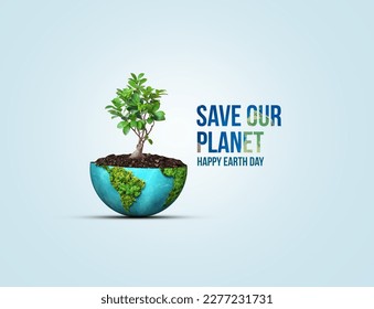 Save our planet. Earth day 3d concept background. Ecology concept. Design with 3d globe map drawing and leaves isolated on white background.
 Stock Illustration