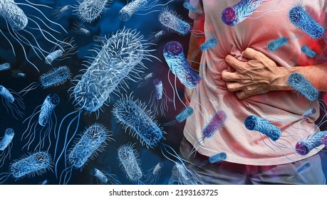 empoisonnement par salmonelles Concept d'éclosion de bactéries et infection bactérienne en tant que fond microscopique avec une maladie alimentaire dangereuse en tant que personne souffrant de douleur à l'estomac avec des éléments de rendu 3D. : illustration de stock