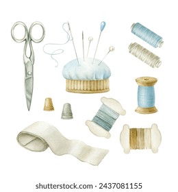 A set of accessories for sewing and embroidery: pins, scissors, threads, beads, thimble, ribbon, etc. Needle business. All elements are drawn in watercolors. Stock-illustration