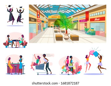 Set of cheerful female friends spending time together. Flat illustrations of women shopping, drinking at cafe or bar. Leisure concept for banner, website design or landing web page Stock-illustration