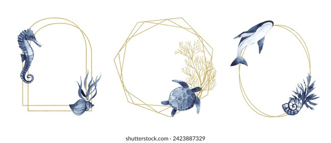 Set of frames with a golden texture and watercolor indigo marine animals on a white background. Invitations, postcards on a marine theme with a turtle, a whale, a seahorse, algae, shells and corals Ilustração Stock