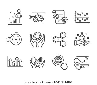 Set of Science icons, such as Timer, Medical helicopter, Stats, Safe time, Upper arrows, Cogwheel, Chemistry lab, Cogwheel settings, Computer mouse, Chemical formula, Employee hand. Timer icon. స్టాక్ దృష్టాంతం