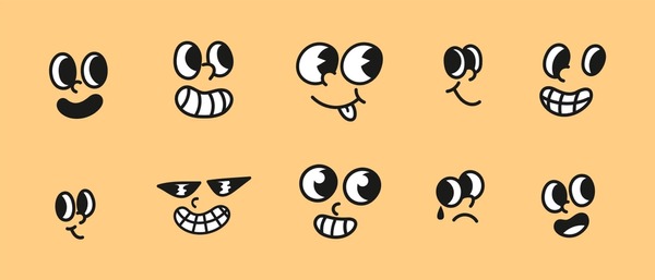 Conjunto de expresiones faciales únicas de dibujos animados con diferentes emociones - ilustración de caras divertidas y tristes con gafas de sol, ojos saltones y varias bocas - perfecto para emoticonos, pegatinas, etc Ilustración de stock