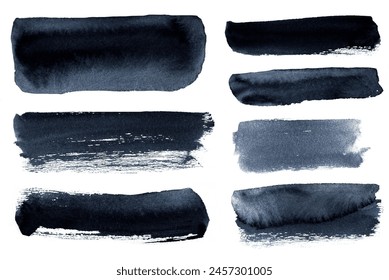 Set watercolor ink blobs, isolated on white background. Black watercolor stains. Painted grunge stripes set. Black labels, background, paint text, ilustrație de stoc