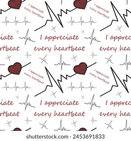 Seamless pattern of cardiogram heart with "I appreciate every heartbeat" lettering on a white background Stock Ilustrace