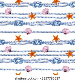  Seamless pattern of marine tropical theme. Watercolor Sea shells, starfish. Rope cords with knots. Hand drawn illustration. Hand painted blue elements on white background. Ilustração Stock