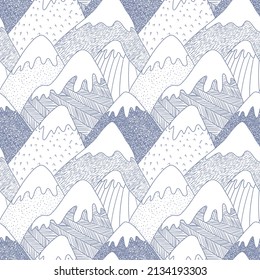 Seamless pattern with snowy mountains in Scandinavian style. Painted mountains, fairy-tale drawing, photo wallpaper for children's room, beautiful mountains, fairy forest, magic. Children's wallpapers Illustrazione stock