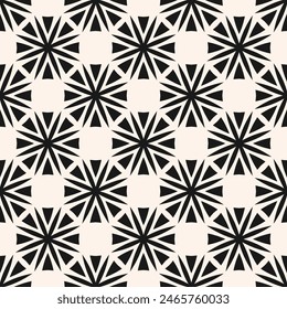Simple Raster geometric floral ornament. Abstract black and white seamless pattern with big flowers in modular grid. Stylish monochrome background texture. Repeated design for print, textile, fabric 库存插图