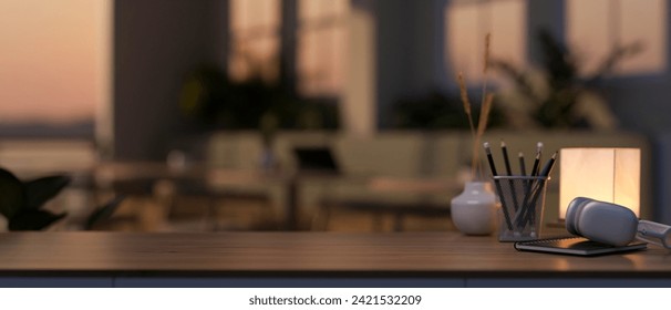 A space for displaying your product, a headphone, a table lamp, and stationery on a hardwood desk in a modern living room. 3d render, 3d illustration Ilustração Stock