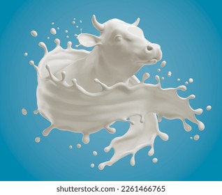 牛の形に切り取り線付きに牛乳のスプラッシュ。3Dイラスト。のイラスト素材