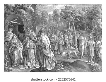 森の風景の中で安定しています。左の前景では、マリアとヨセフはキリストの子を三人の賢者に示しています。バックグラウンドで贈り物を持つ彼らのretinueのメンバー。のイラスト素材