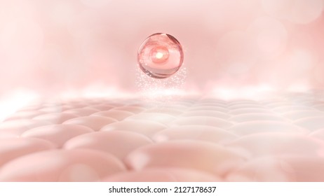 Stem cells floating on skin cell with aura pink background. Skin treatment, Anti-Angie concept. 3D rendering Illustrazione stock