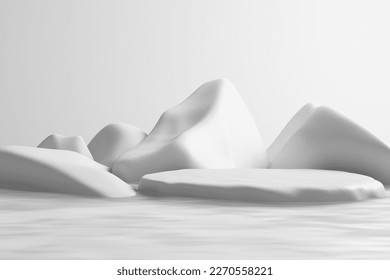 Stone podium display white stone, snow or iceberg on water surface in pond waves ripple in cool cold refresh nature. zen spa or onsen hot spring. pedestal cosmetic product skincare. 3D Illustration. Stockillustration