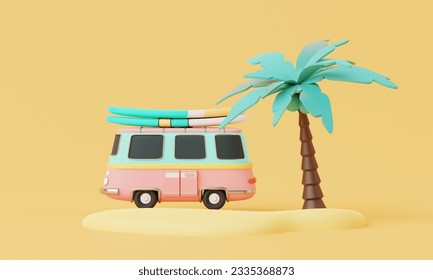 ミニマルな旅行バンバス、サーフボード、要素の背景コンセプト、夏のテーマと製品モックアップのための現実的なディスプレイと夏の休暇のビーチ。ミニマルで可愛いデザイン。3Dレンダリングのイラスト素材
