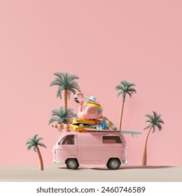 Vacances d'été, vacances de voyage, van et accessoires de plage sur fond rose. Rendu 3d	 : illustration de stock