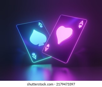 Poker Cards Casino Concept With Glowing Neon Lights On The Black Background, 3d illustration ภาพประกอบสต็อก