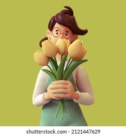 Portrait of cute casual brunette girl in glasses wears green overalls, white t-shirt smelling a bouquet of yellow tulips. Florist holds fresh flowers in her hands. International Women's Day. 3d render Adlı Stok İllüstrasyon