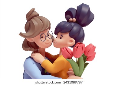 Portrait of cute kawaii excited smiling child girl hugs young mom, sister gives bouquet of red tulips with love, support, care congratulates on holiday. Mother's day. 3d render isolated white backdrop Adlı Stok İllüstrasyon