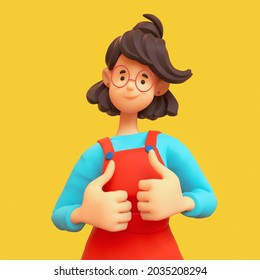 Portrait of kawaii asian casual brunette girl in glasses wearing red apron, blue t-shirt showing thumb up, positive hand gesture, good job, respect. Minimal stylized art. 3d render on yellow backdrop Adlı Stok İllüstrasyon